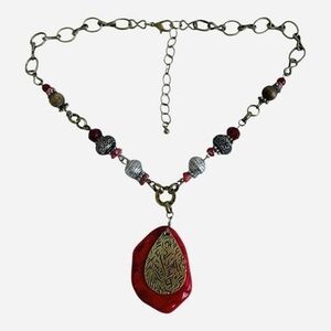 Barse Red Carnelian Crystal Calcite Pendant Bronze Boho Necklace 18.5"-21"